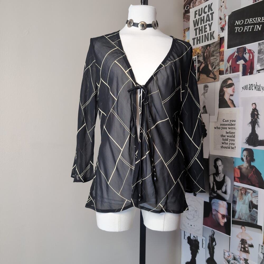 Sheer Geometric Tie-Front Blouse Vintage